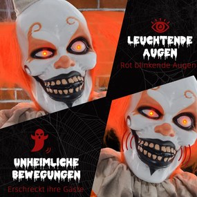HOMCOM Dekoracja Halloween Klaun, giętkie ramiona, aktywacja przez dotyk/dźwięk, świecące oczy