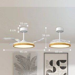 HOMCOM Wentylator sufitowy z lampą i pilotem, Ø95 cm, nowoczesny wentylator sufitowy LED ze składanymi łopatkami, drewno naturalne | Aosom PL
