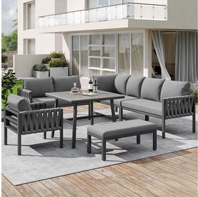 Zestaw mebli ogrodowych modułowych z ocynkowanego żelaza dla 8 osób: 1 sofa 4-osobowa + 1 sofa 2-osobowa + 1 fotel i 1 ławka - 1 stolik kawowy - Szary