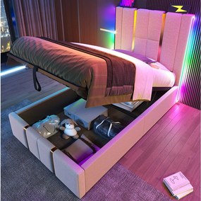 Łóżko z pojemnikiem 90 x 200 cm i zagłówkiem - Gniazda USB i Type-C - Diody LED - Tkanina lniana - Beżowy (bez materaca)