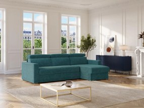 Kanapa narożna dwustronna rozkładana typu express, błękitna - Spanie na szerokich lamelach 140 cm - Materac 22 cm z pamięcią kształtu VIZIR