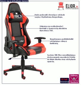 Czarno-czerwony fotel gamingowy - Zexo