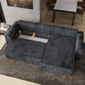 Masseno Narożnik VALTINO z funkcją spania i pojemnikiem na pościel Narozniki L, Rozkładana sofa - Grafitowy, TILIA 90