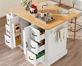 Mobilna centralna wyspa kuchenna - Blat rozsuwany - 120x75x91cm - 2 drzwi i 6 szuflad - z wieszakiem na ręczniki - Biały