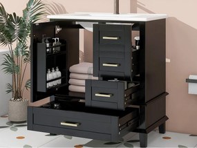 Stojący mebel łazienkowy - z ceramiczna umywalką - 1 drzwi i 3 szuflady - Czarny​ (bateria nie jest wliczona w cenę)