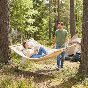 Outsunny Hamak Zewnętrzny 200x140 cm, Dwuwarstwowy Hamak z Zagłówkiem, Kieszenią na Magazyny i Drewnianymi Drążkami, do 200 kg | Aosom PL