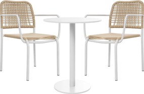 Metalowy i pleciony zestaw ogrodowy: stół śr. 60 cm i 2 krzesła z podłokietnikami (sztaplowane) - Beżowy - NIOU od MYLIA