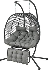 Podwójny Wiszący Fotel Jajo z Uchwytem - Huśtawka Ogrodowa z Regulowanym Podnóżkiem, Grubą Poduszką i Podgłowiem - Wewnętrzny/Zewnętrzny - Szary