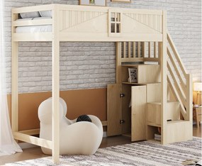 Łóżko na antresoli 90 x 200 cm - z bezpieczną drabiną z pojemnikami - z barierką bezpieczeństwa - naturalny (materac nie jest wliczony w cenę)