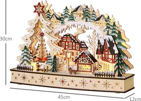 HOMCOM Wioska Świąteczna w Zimowym Cudzie, 20 LED, Wielowarstwowa, Drewno Naturalne, 45 x 12 x 30 cm | Aosom PL