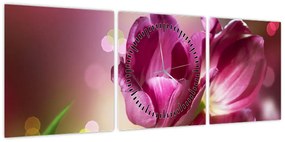Obraz różowych tulipanów (z zegarem) (90x30 cm)