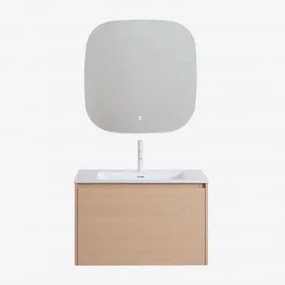 Zestaw Wiszących Mebli Łazienkowych 80x50 Cm Z Drewna Zintegrowany Z Umywalką Jacob Naturalna & Kwadratowa Lampa Led I Przeciwmgielna - Sklum