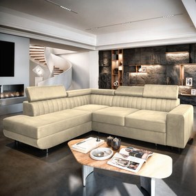 Masseno Narożnik NOLA z funkcją spania i pojemnikiem na pościel Narozniki L, Rozkładana sofa - Kremowy, MONOLITH 04