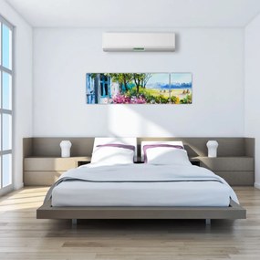 Obraz ogrodu przed domem, obraz olejny (170x50 cm)