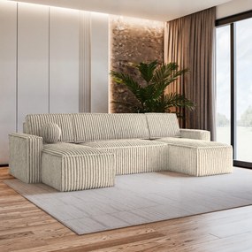 Masseno Narożnik PESANO z funkcją spania i pojemnikiem na pościel Narozniki U, Rozkładana sofa - Kremowy, TILIA 03