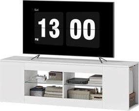 HOMCOM Stojak TV biały szafka RTV 140 cm komoda pod telewizor 6 przegród i 2 półki szklane nowoczesna | Aosom PL