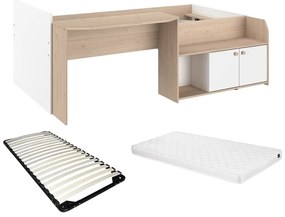 Łóżko wielofunkcyjne 90 x 190/200 cm - Kolor: Naturalny i biały + Stelaż + Materac - MIVONA