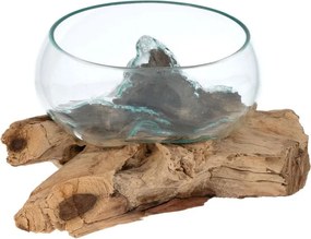 Ręcznie wykonana szklana miska na drewnie teakowym, 20 cm.