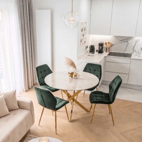 Zestaw Stół Okrągły BALI 100 cm Biały Marmur/Złoty i 4 Krzesła Tapicerowane LUCKY Zielone Glamour
