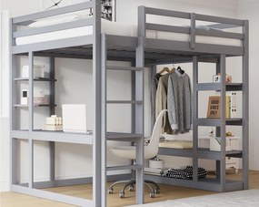 Łóżko mezzanine dziecięce 140x200cm - z drabinką - z biurkiem - z prostym wieszakiem - szare (materac nie wliczony)