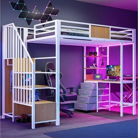 Łóżko piętrowe metalowe - 90 x 200 cm - z biurkiem + szufladami + szafą + oświetleniem LED + drabinką - metalowe - białe