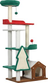 PawHut 135 cm Drapak dla kotów w świątecznych kolorach z łóżkiem dla kota, domkiem, słupkami do drapania, platformami do skakania, zabawkami z piłkami