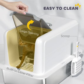 PawHut Kuweta dla kota ze stali nierdzewnej, z filtrem i łopatką, dla kotów do 6 kg, 40,5 x 60,5 x 41,5 cm, Biały/Srebrny