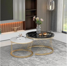Zestaw 2 stolików kawowych - Wkładane stoliki kawowe - złota rama - blat imitujący marmur