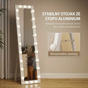 HOMCOM Lustro całopostaci 150x40 cm Lustro LED z 24 żarówkami 3 barwy światła, wolnostojące, do oparcia lub montażu na ścianie Biały | Aosom PL