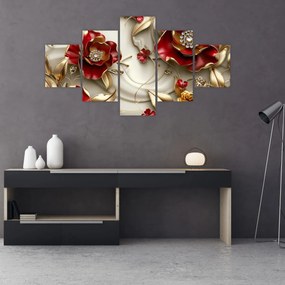 Obraz - 3D czerwono-złote kwiaty (125x70 cm)