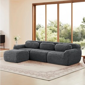 Modułowa Sofa Narożna 3-osobowa w tkaninie pluszowej, z pufą i 3 poduszkami, 291x179x73cm, Szary