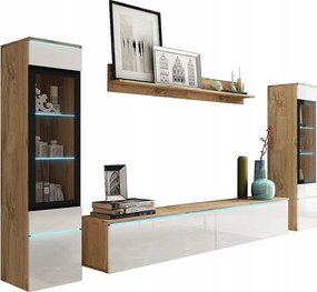Zestaw mebli do salonu z LED 4 elementy – szafka RTV 180 cm, 2 witryny i półka, stojąca lub wisząca, korpus dąb Wotan, fronty biały połysk