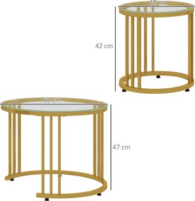 HOMCOM Zestaw 2 Stolików, Stoliki Pomocnicze, Stal Węglowa, Blat Ze Szkła Hartowanego, Ø60x47/Ø40x42 cm, Złoty