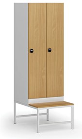 Szafka ubraniowa z ławką, 2-drzwiowa, 1875 x 600 x 500/800 mm, demontaż, zamek RFID, drzwi laminowane, buk