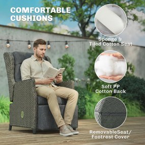 Outsunny Rattanowy fotel z bocznym stolikiem, leżak ogrodowy, regulowane oparcie i podnóżek, 81 x 58 x 98,5 cm, ciemnoszary | Aosom PL