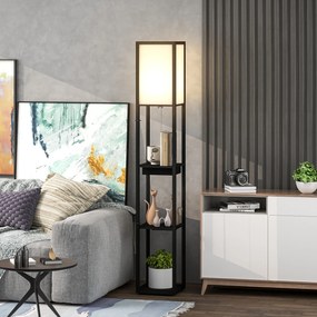 HOMCOM Lampa Stojąca z 3-Poziomową Półką, Przełącznikiem Nożnym, Portami USB, MDF, Czarny