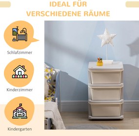 HOMCOM Pudełka do Przechowywania dla Dzieci, 3 Duże Szuflady, Zaokrąglone Krawędzie, Plastik, 37x37x56,5 cm, Kremowy