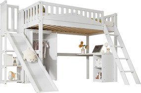 Łóżko antresowe 90 x 200 cm z biurem i slajdem, szafą - 5 półek - Pin+MDF+Slywood - White