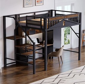 Łóżko piętrowe metalowe - 140 x 200 cm - z barierką + drabinką bezpieczeństwa - drewno + metal - czarne