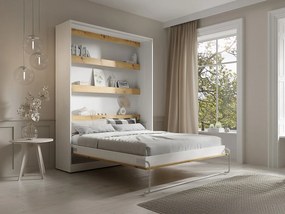 Łóżko chowane w szafie 160 × 200 cm – Otwieranie pionowe manualne – Oświetlenie LED – Białe i naturalne + Materac – RAPILI