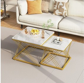 Zestaw 2 kwadratowych stolików kawowych - 60x60x45 + 45x45x40 cm - Efekt marmuru - MDF drewno i metal - Biały + złoty