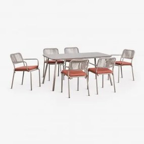Zestaw Stołu Prostokątnego 160x90 Cm I 6 Sztaplowanych Krzeseł Jadalnianych Z Plecionej Liny Arhiza Brązowy Moka - Terakota - Sklum