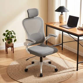 HOMCOM Fotel biurowy Ergonomiczny fotel biurkowy ze składanymi podłokietnikami, regulowanym podparciem lędźwiowym Szary | Aosom PL