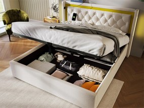 Łóżko tapicerowane ze schowkiem - 160 x 200 cm - z gniazdem USB typu C i diodami LED - stelaż z listew - kolor beżowy