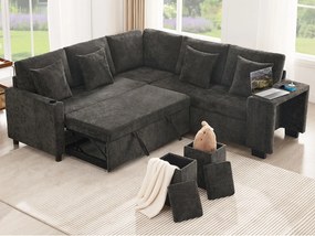 Kanapa narożna w kształcie L - 5 osób - z uchwytami na kubki - porty USB + USB-C - Tkanina szynszyla - z poduszkami - szary