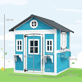 Outsunny Domek Ogrodowy dla Dzieci, Drewniany Domek Zabaw z Oknami, Doniczkami, 3-8 Lat, Niebieski