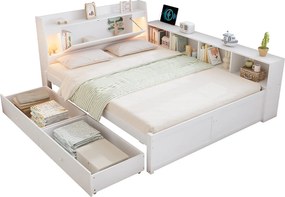 Proste łóżko 140x200 cm - z 2 szufladami - z USB i gniazdkiem - schowek w wezgłowiu i bokach - białe