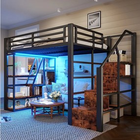 Podświetlana antresola z metalu - 140 x 200 cm - z płytą kuchenną + blatem kuchennym + diodami LED - MDF + metal - czarna