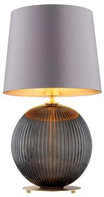 Lampa na stolik przy łóżku w sypialni Hamilton – szkło ryflowane grafitowe, abażur szary środek złoty
