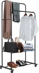 Wieszak na ubrania na kółkach, solidny podwójny wieszak na ubrania z 2 półkami, wielofunkcyjny 80,5x51x155cm
